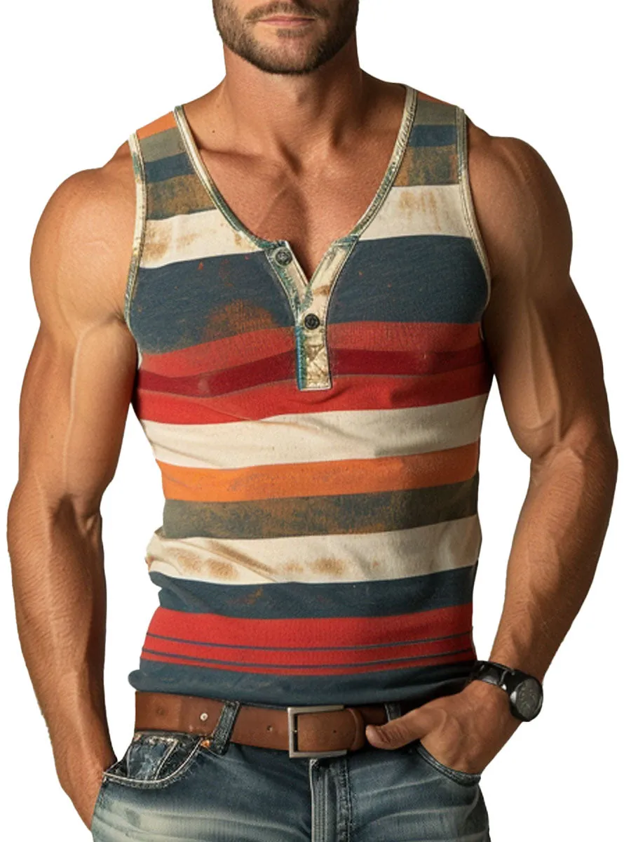 Men's Button-Down Crew Neck Retro Color Striped Casual Tank Top