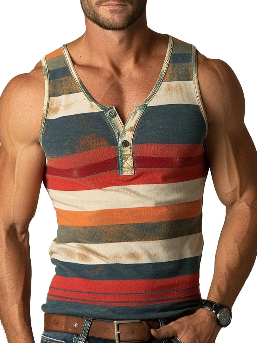 Men's Button-Down Crew Neck Retro Color Striped Casual Tank Top