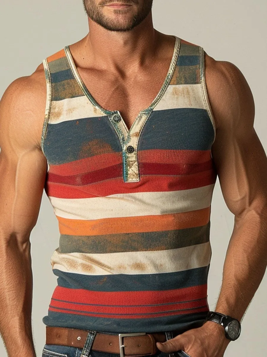 Men's Button-Down Crew Neck Retro Color Striped Casual Tank Top