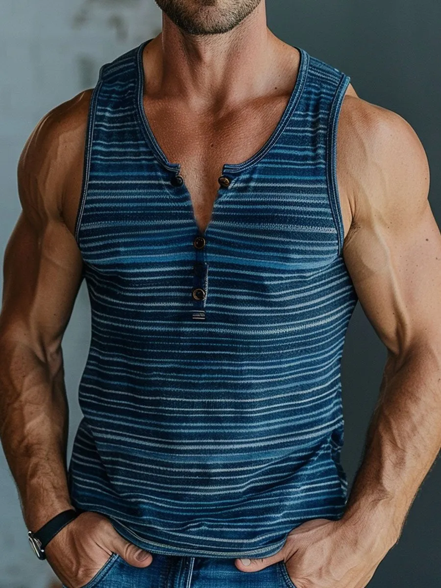 Men's Button-Down V-Neck Retro Striped Casual Tank Top