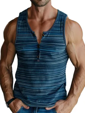 Men's Button-Down V-Neck Retro Striped Casual Tank Top