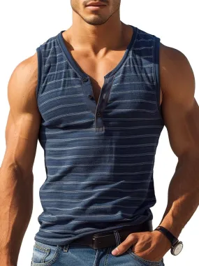 Men's Button Down V-Neck Striped Casual Tank Top