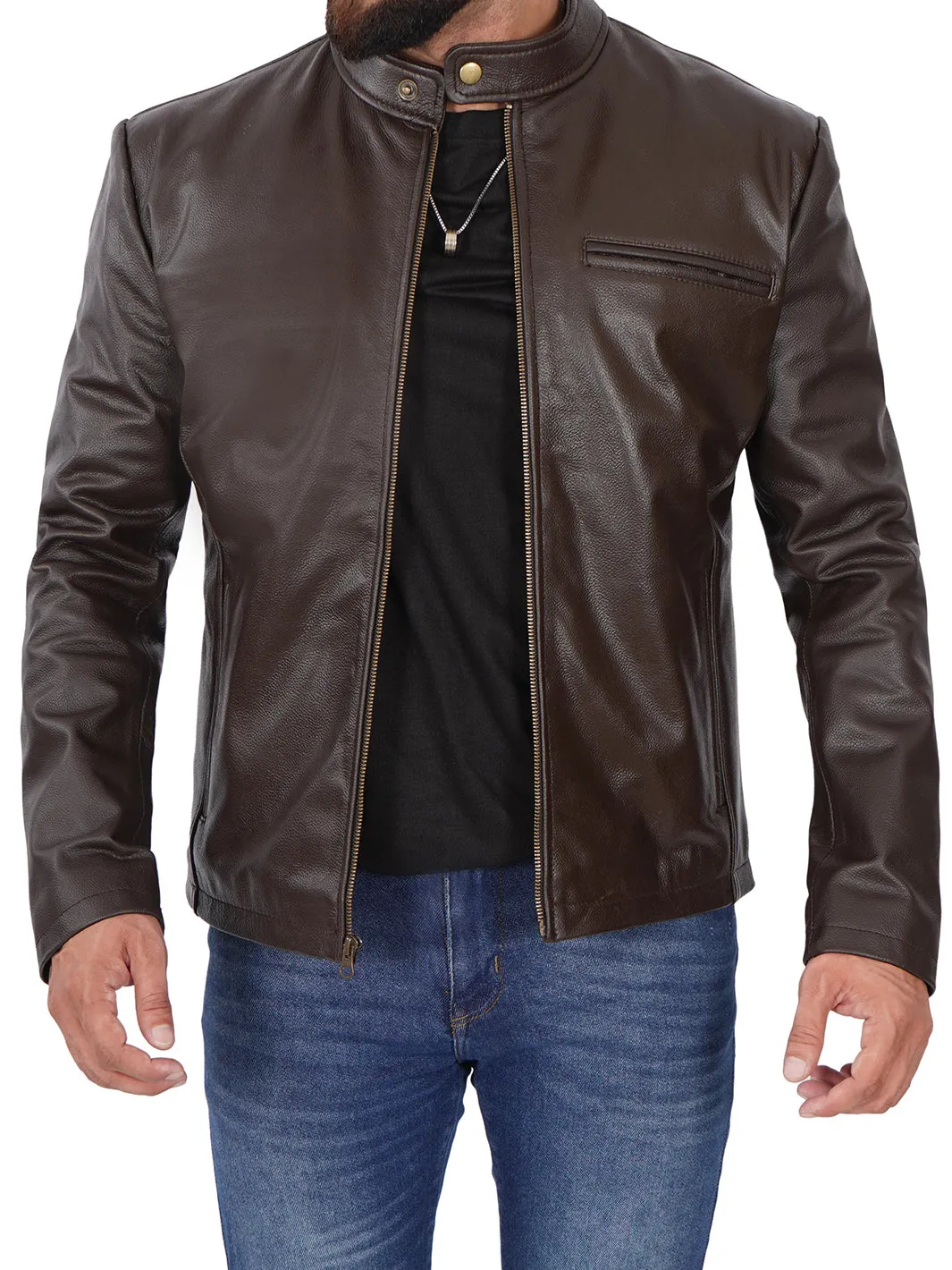 Mens Dark Brown Cowhide Cafe Racer Leather Jacket