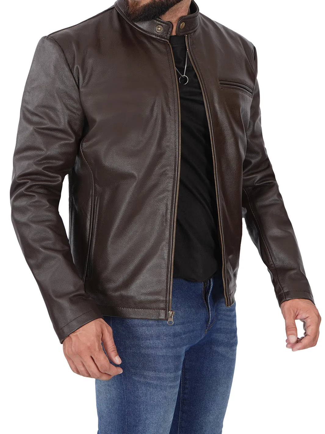 Mens Dark Brown Cowhide Cafe Racer Leather Jacket