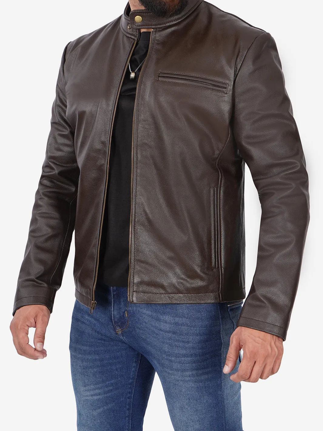 Mens Dark Brown Cowhide Cafe Racer Leather Jacket