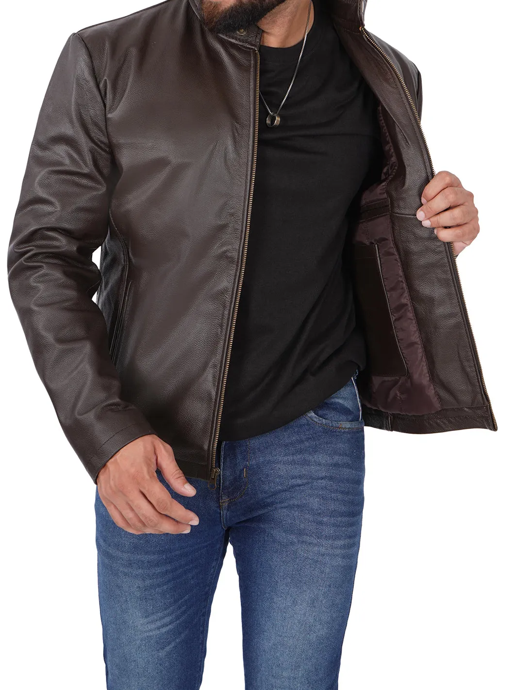 Mens Dark Brown Cowhide Cafe Racer Leather Jacket