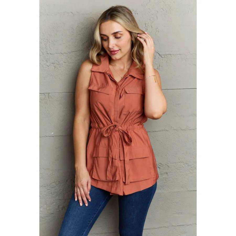 Ninexis Follow The Light Sleeveless Collared Button Down Top