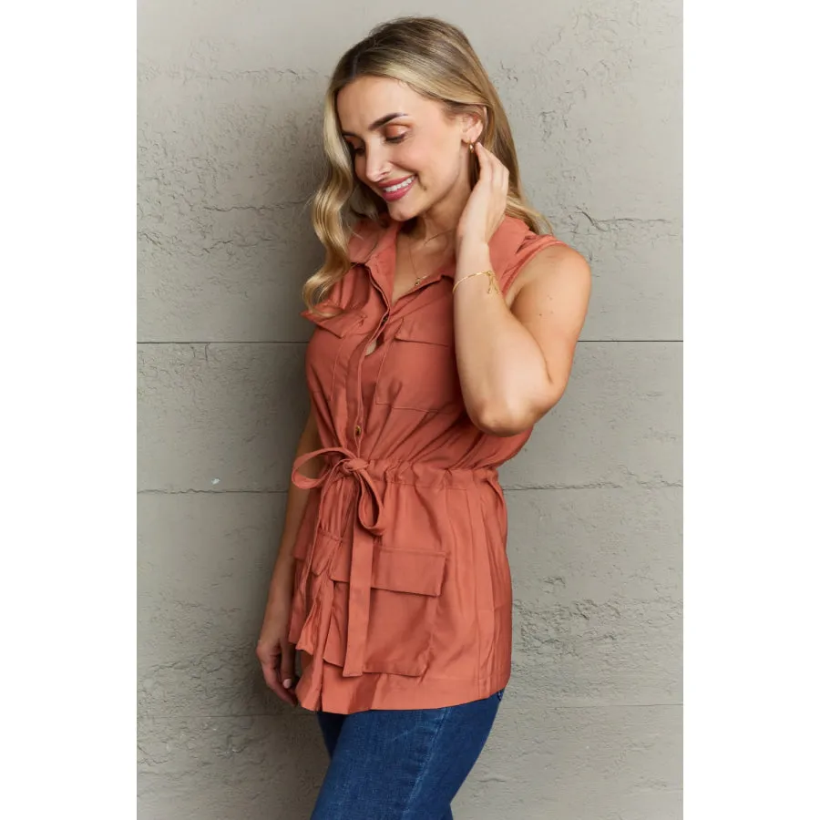 Ninexis Follow The Light Sleeveless Collared Button Down Top