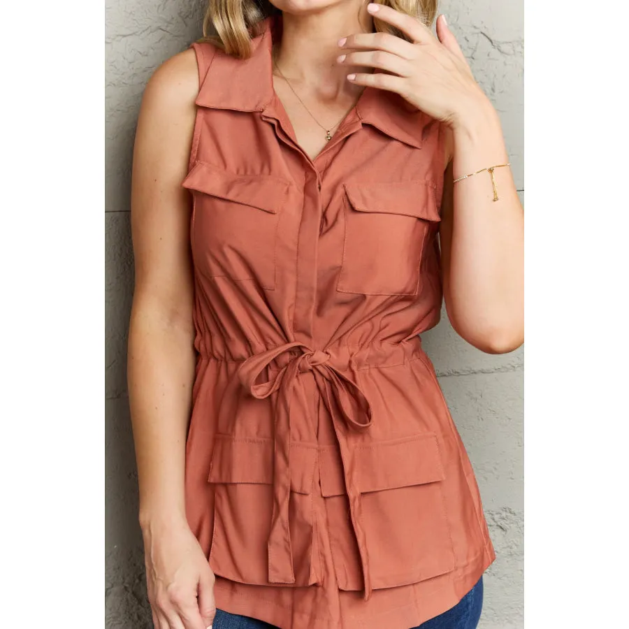 Ninexis Follow The Light Sleeveless Collared Button Down Top