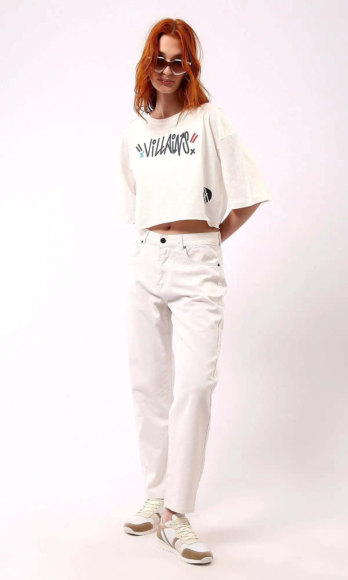 O181684 Front & Back Print Off-White Cropped Tee