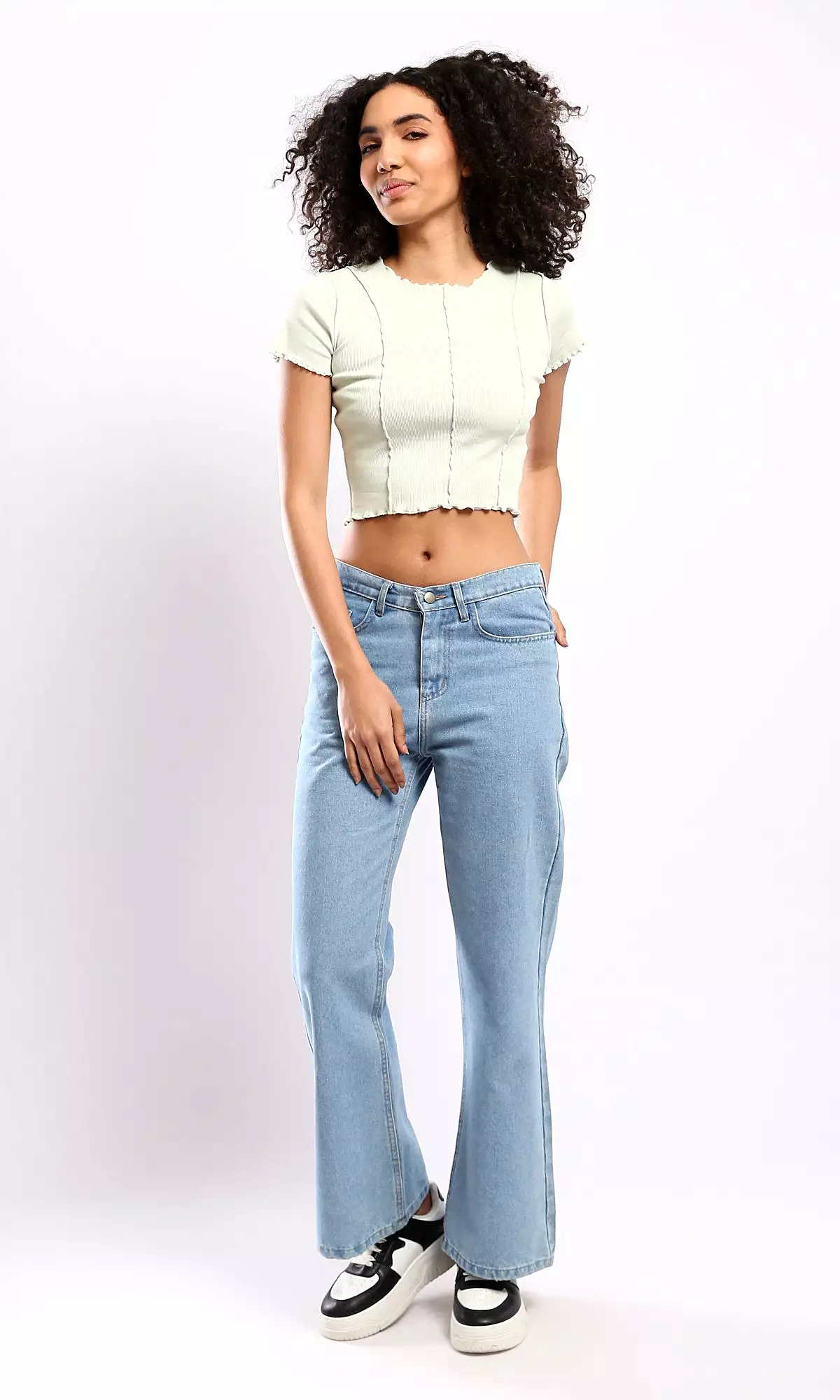 O182021 Slip On Ribbed Pastel Green Cropped Top