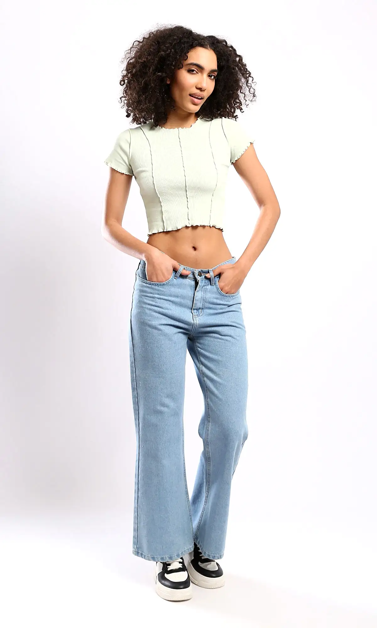 O182021 Slip On Ribbed Pastel Green Cropped Top