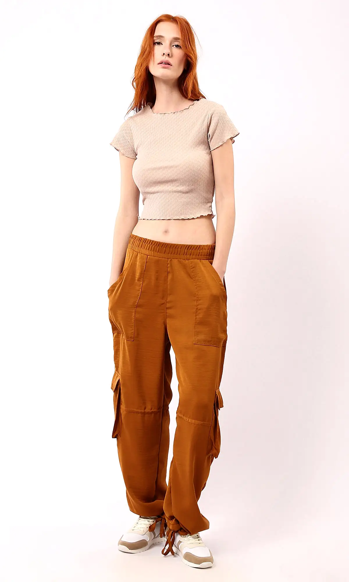 O188382 Dark Beige Casual Textured Cropped Top