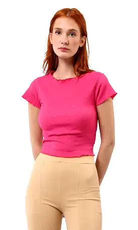 O188384 Short Sleeves Textured Fuchsia Cropped Top