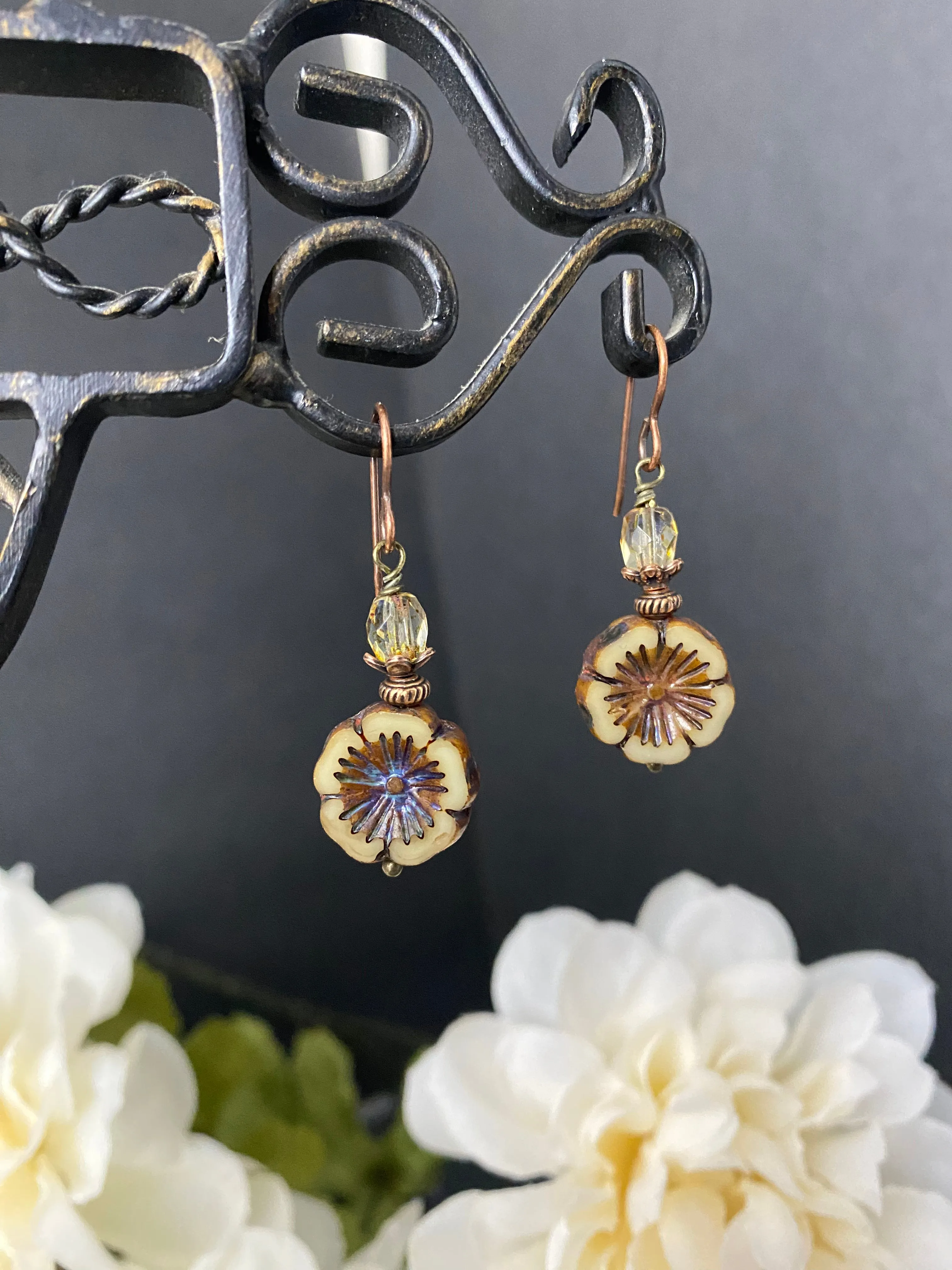 Off white Flower Czech glass, picssso glass, small earrings, and copper metal earrings.