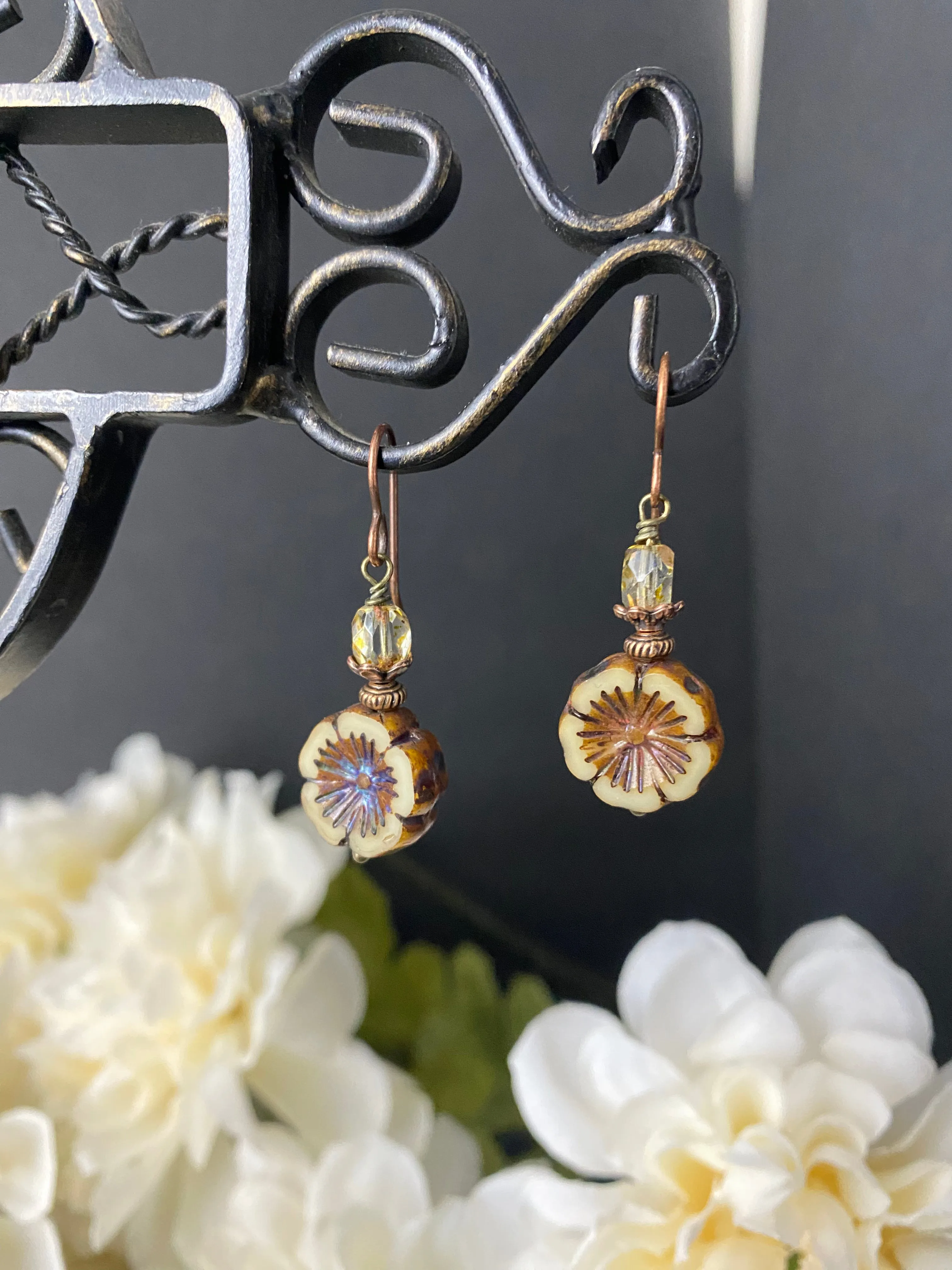 Off white Flower Czech glass, picssso glass, small earrings, and copper metal earrings.