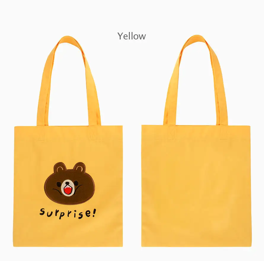 Orange Yellow Bear Embroidered Eco Shoulder Bags Womens Girls Purses Casual Picnic Foldable Bookbags Cotton Cute Gifts Inner Poc