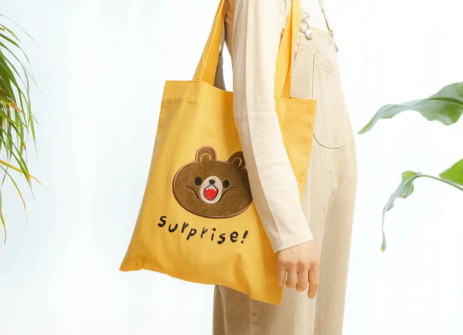 Orange Yellow Bear Embroidered Eco Shoulder Bags Womens Girls Purses Casual Picnic Foldable Bookbags Cotton Cute Gifts Inner Poc