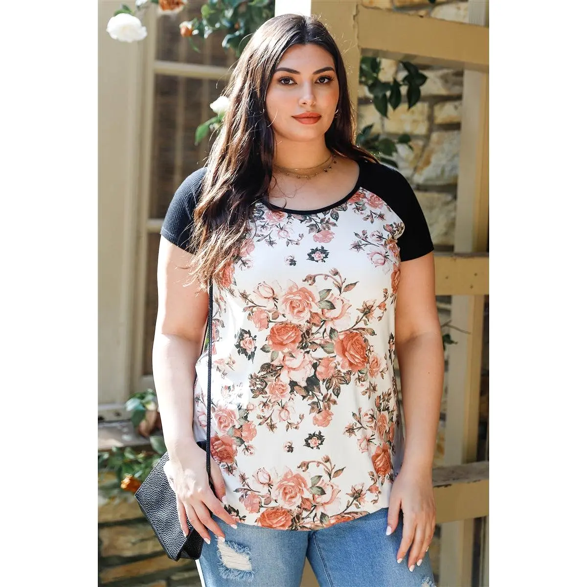 Plus size short sleeve floral print top