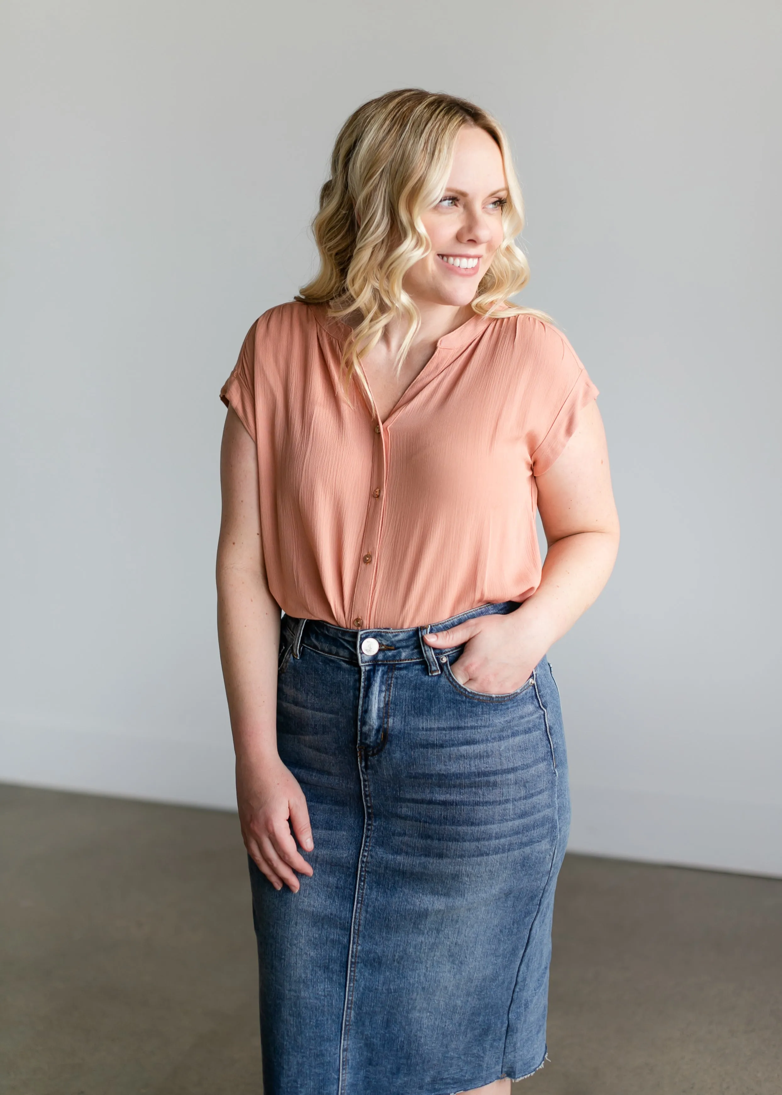 Short Sleeve Crinkle Button Down Top - FINAL SALE