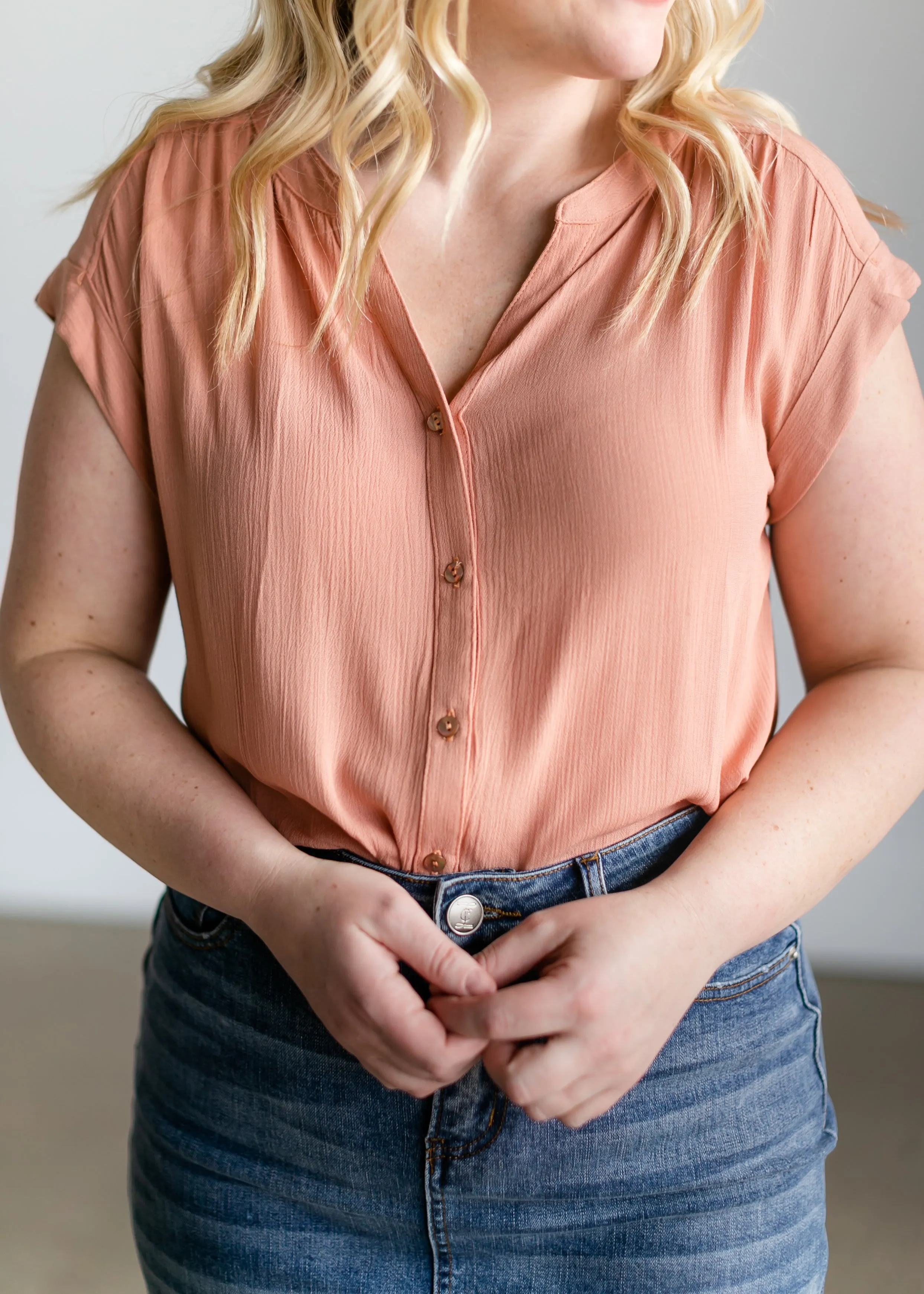 Short Sleeve Crinkle Button Down Top - FINAL SALE