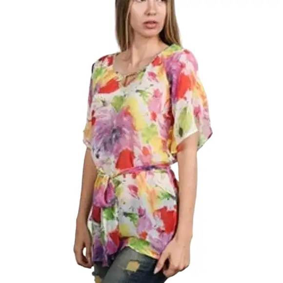 Short sleeve floral print butterfly sleeves pullover blouse