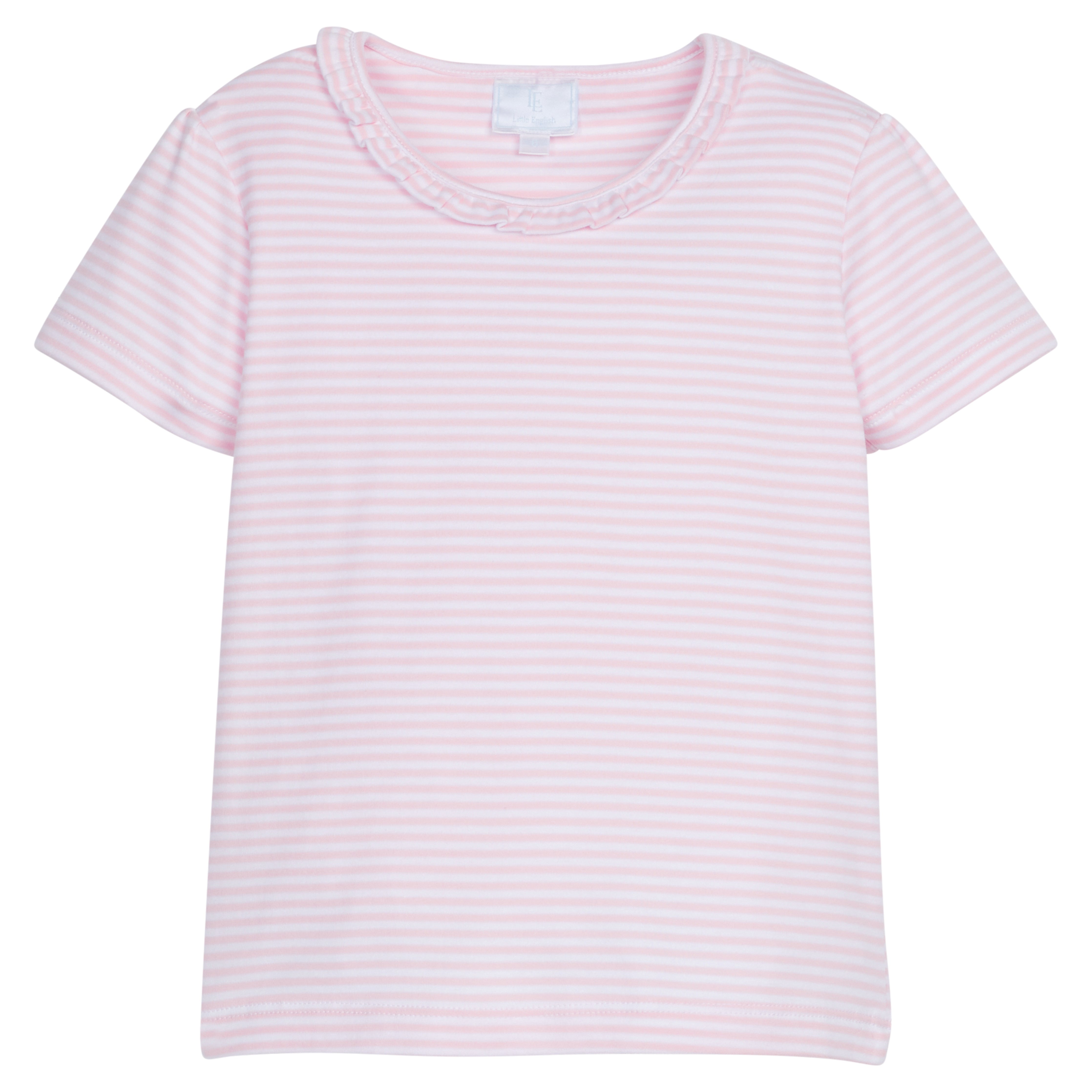 Short Sleeve Scoop Ruffle Tee - Light Pink Stripe