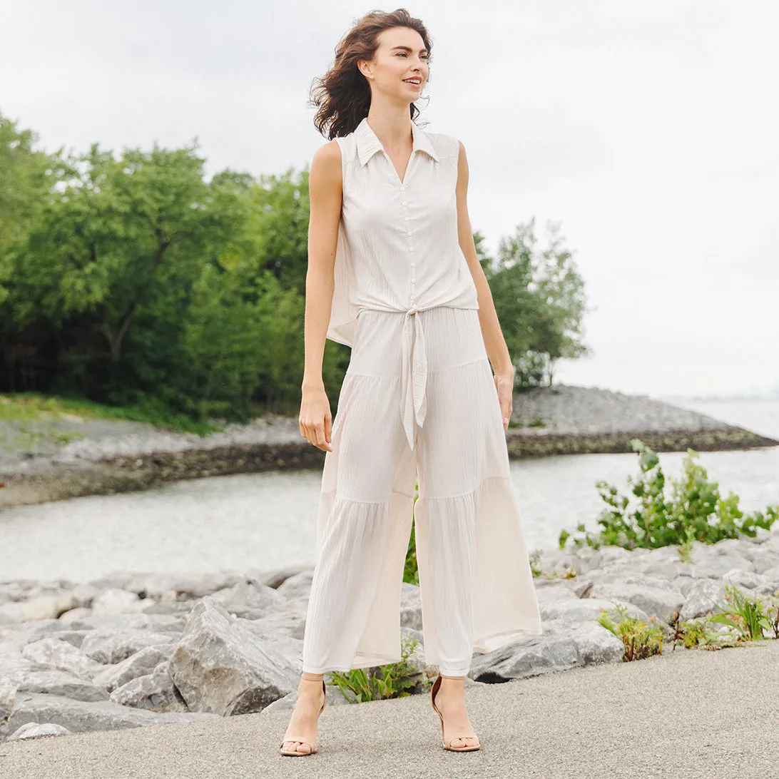 Soft Pleat Knit - Sleeveless Button Down Tie Hem Top - Ivory