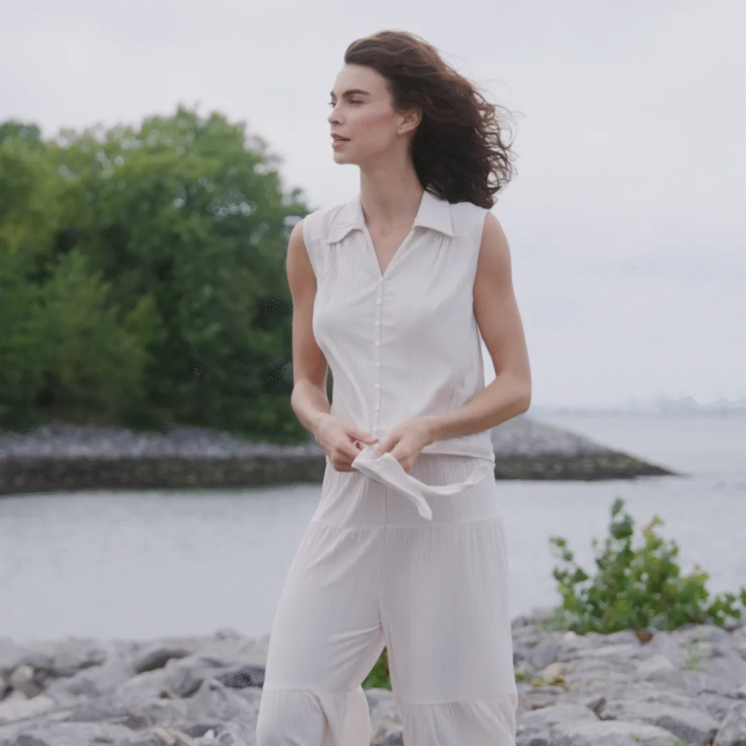 Soft Pleat Knit - Sleeveless Button Down Tie Hem Top - Ivory