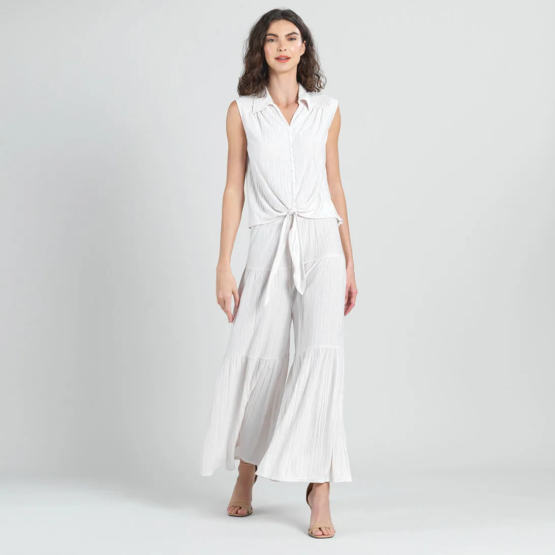 Soft Pleat Knit - Sleeveless Button Down Tie Hem Top - Ivory