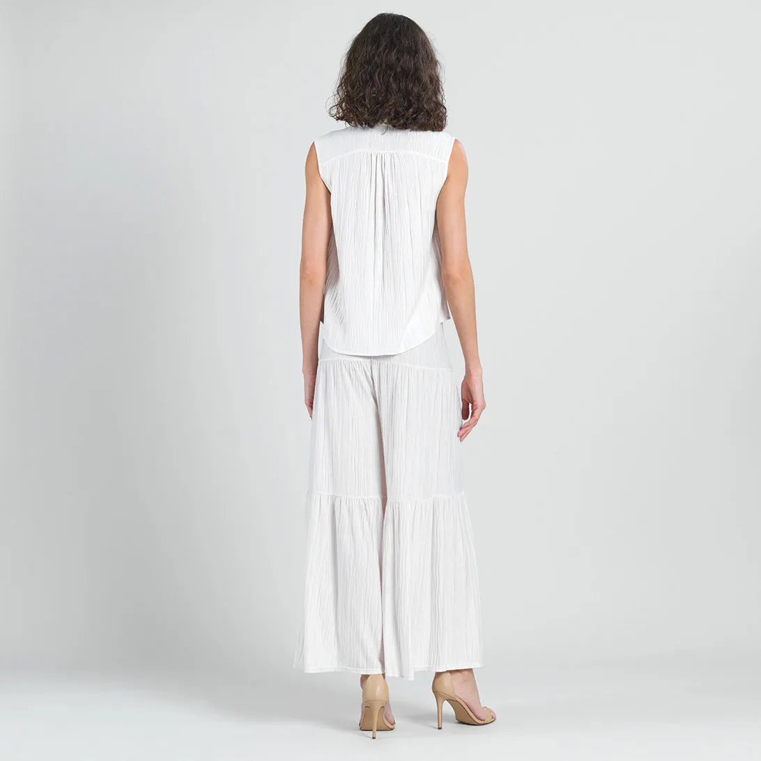 Soft Pleat Knit - Sleeveless Button Down Tie Hem Top - Ivory