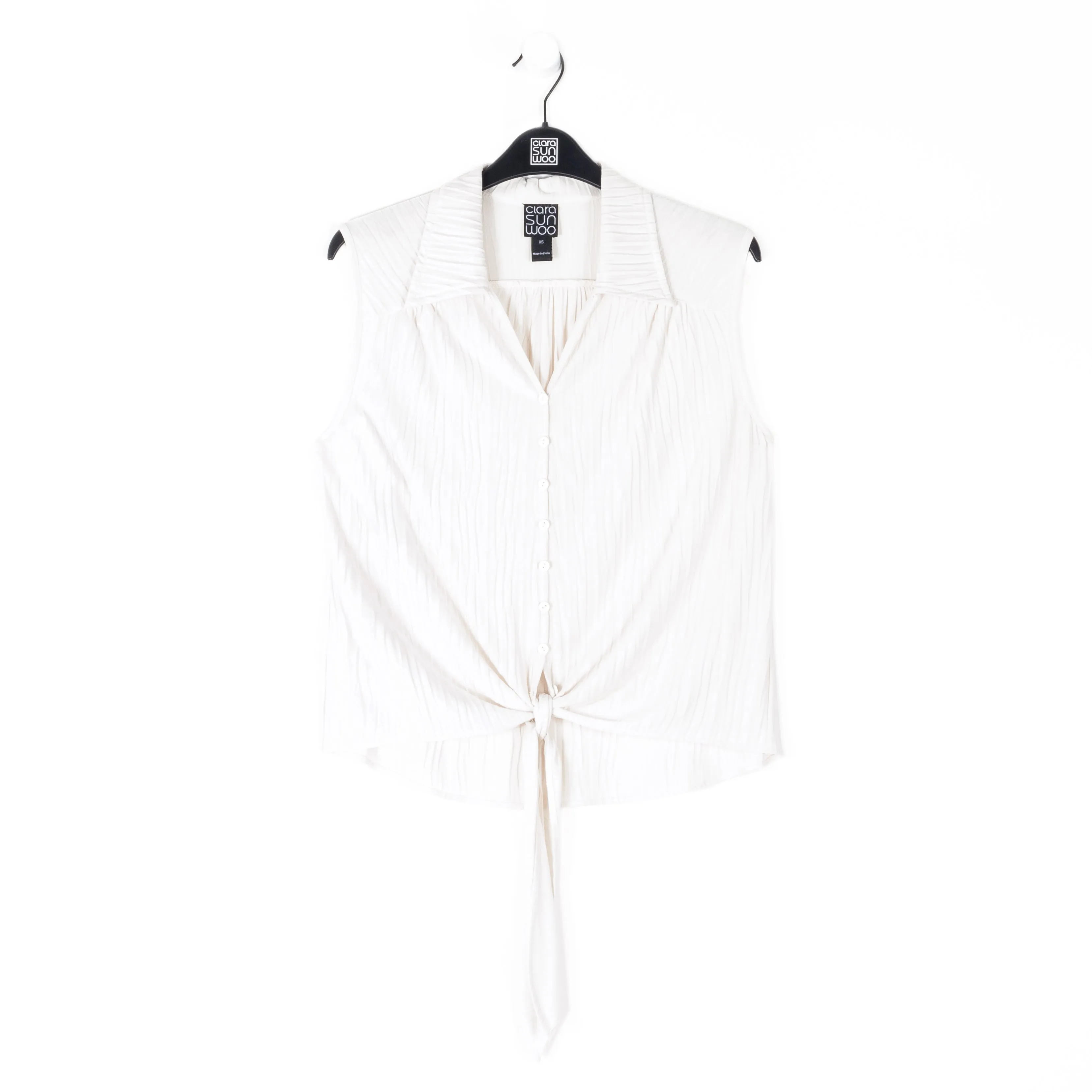 Soft Pleat Knit - Sleeveless Button Down Tie Hem Top - Ivory