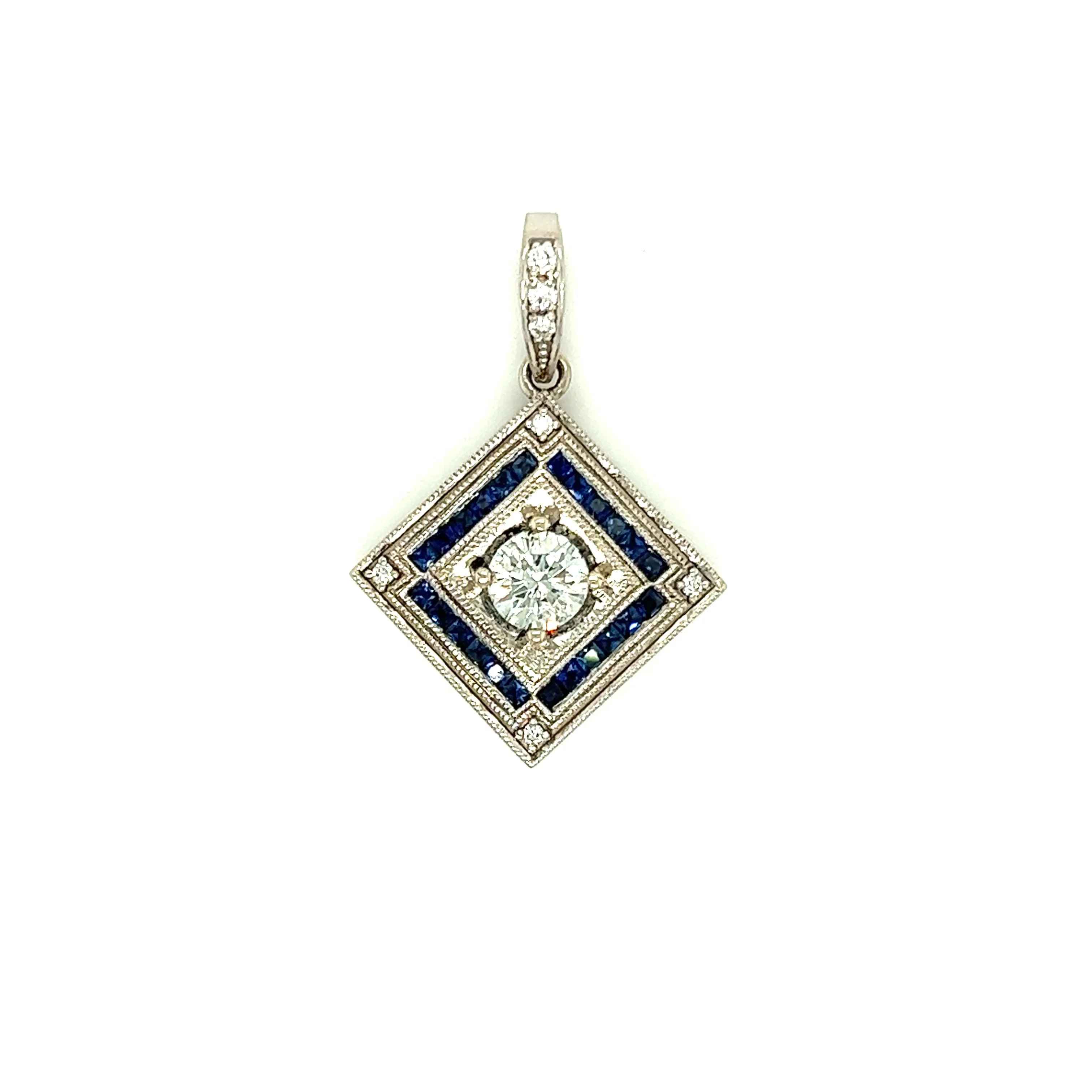 Square on Point Diamond Necklace with 0.64ctw of Blue Sapphires in White Gold