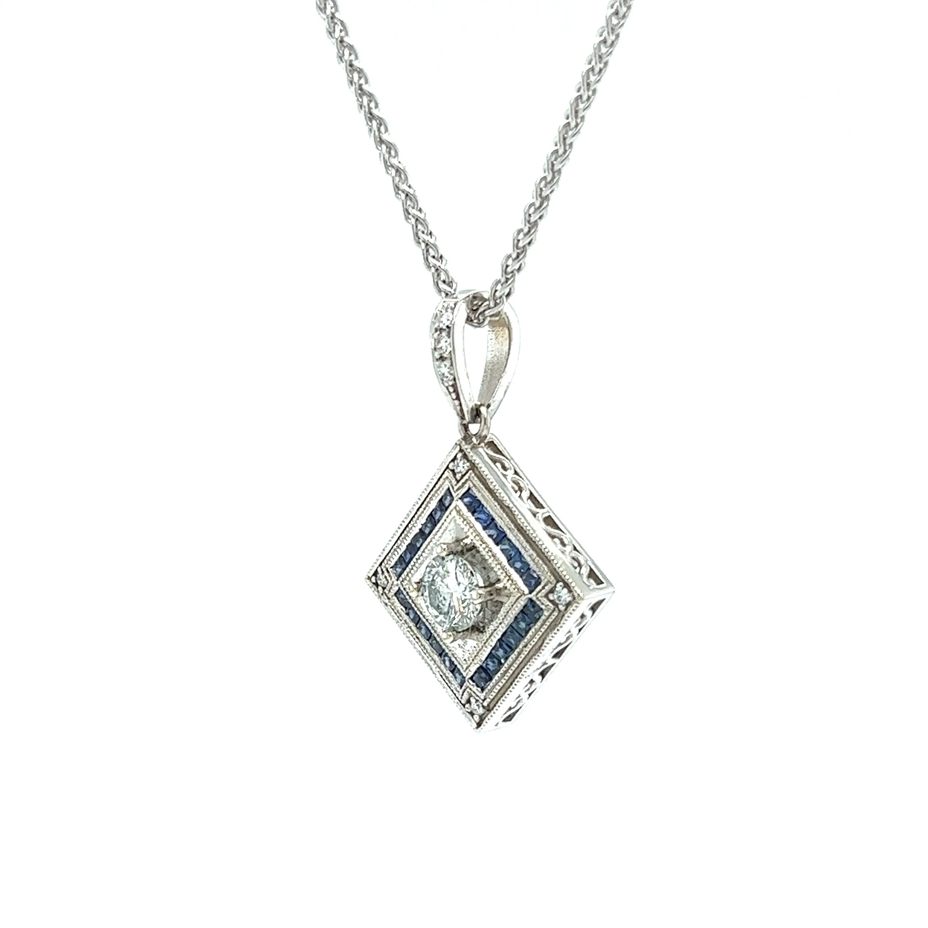 Square on Point Diamond Necklace with 0.64ctw of Blue Sapphires in White Gold