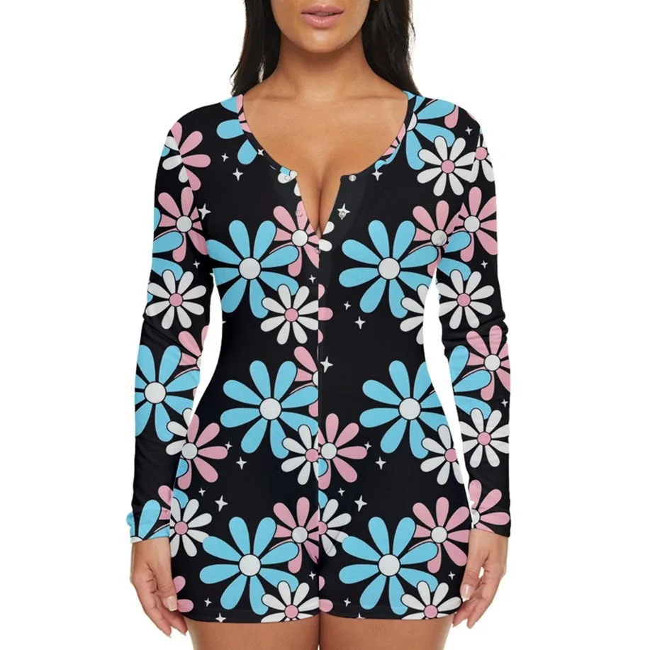 Teen-Plus Size Blue Pink White Big Daisies Series Black Short Romper