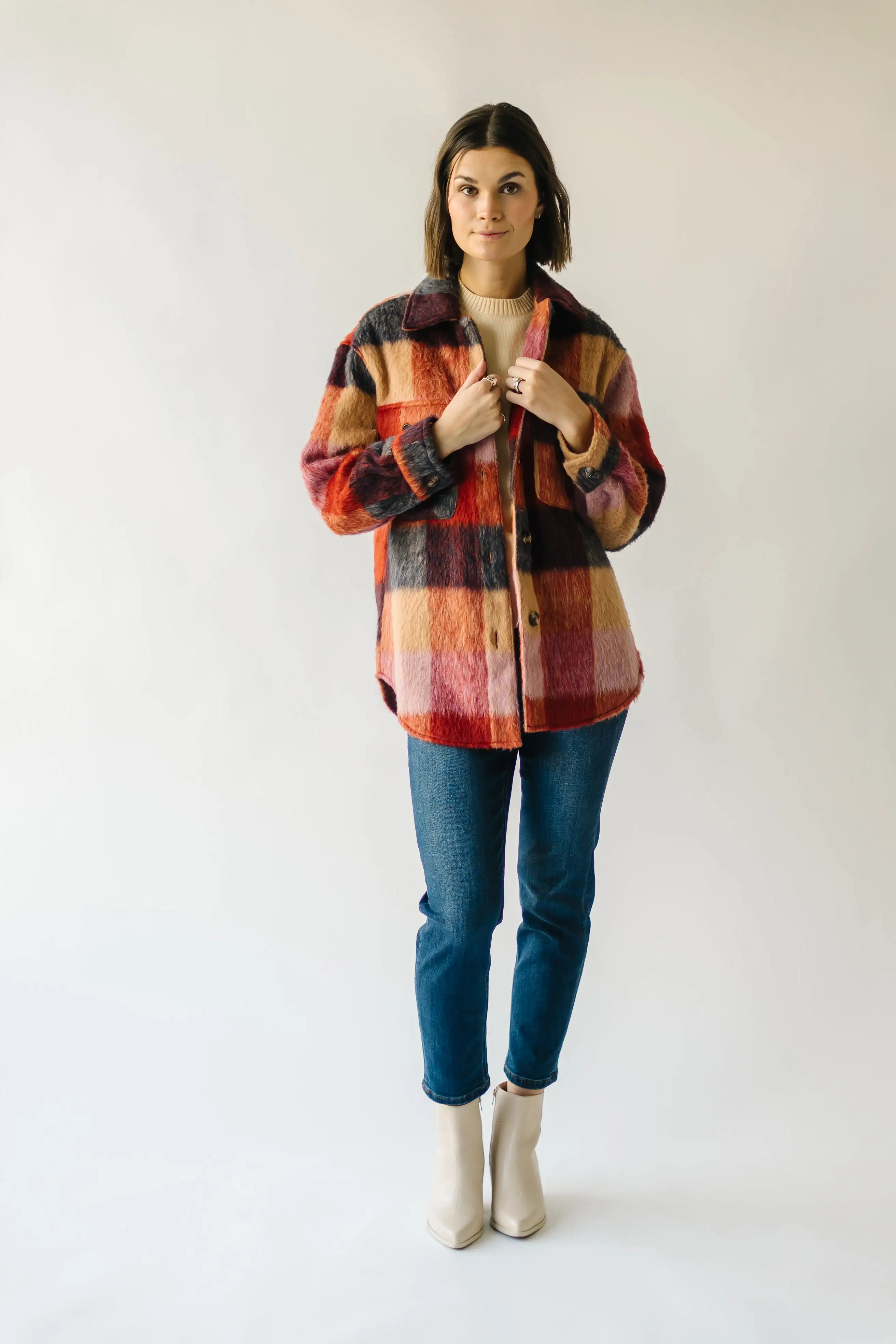 The Ridgely Button-Up Plaid Jacket in Brick Multi