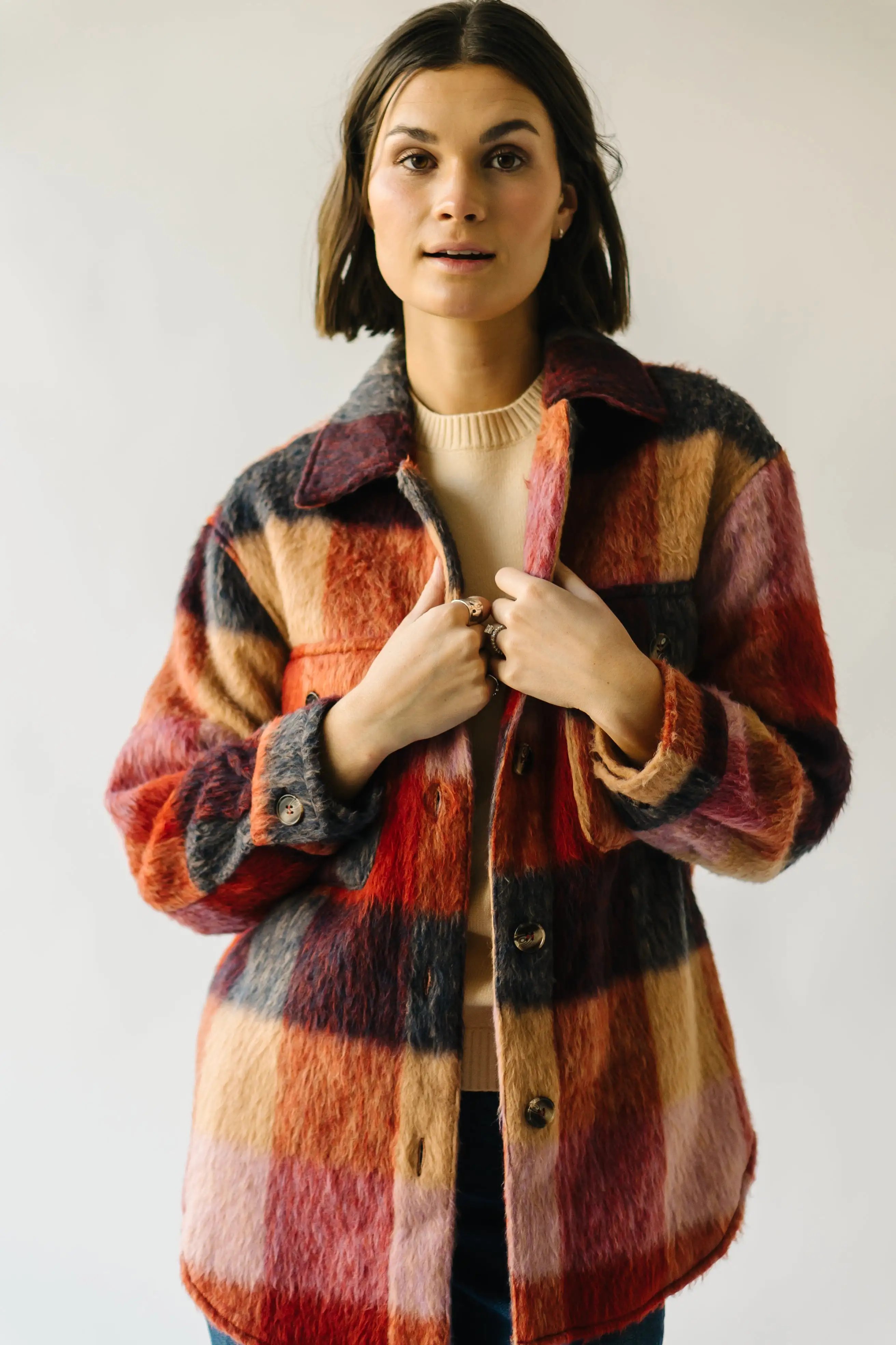 The Ridgely Button-Up Plaid Jacket in Brick Multi