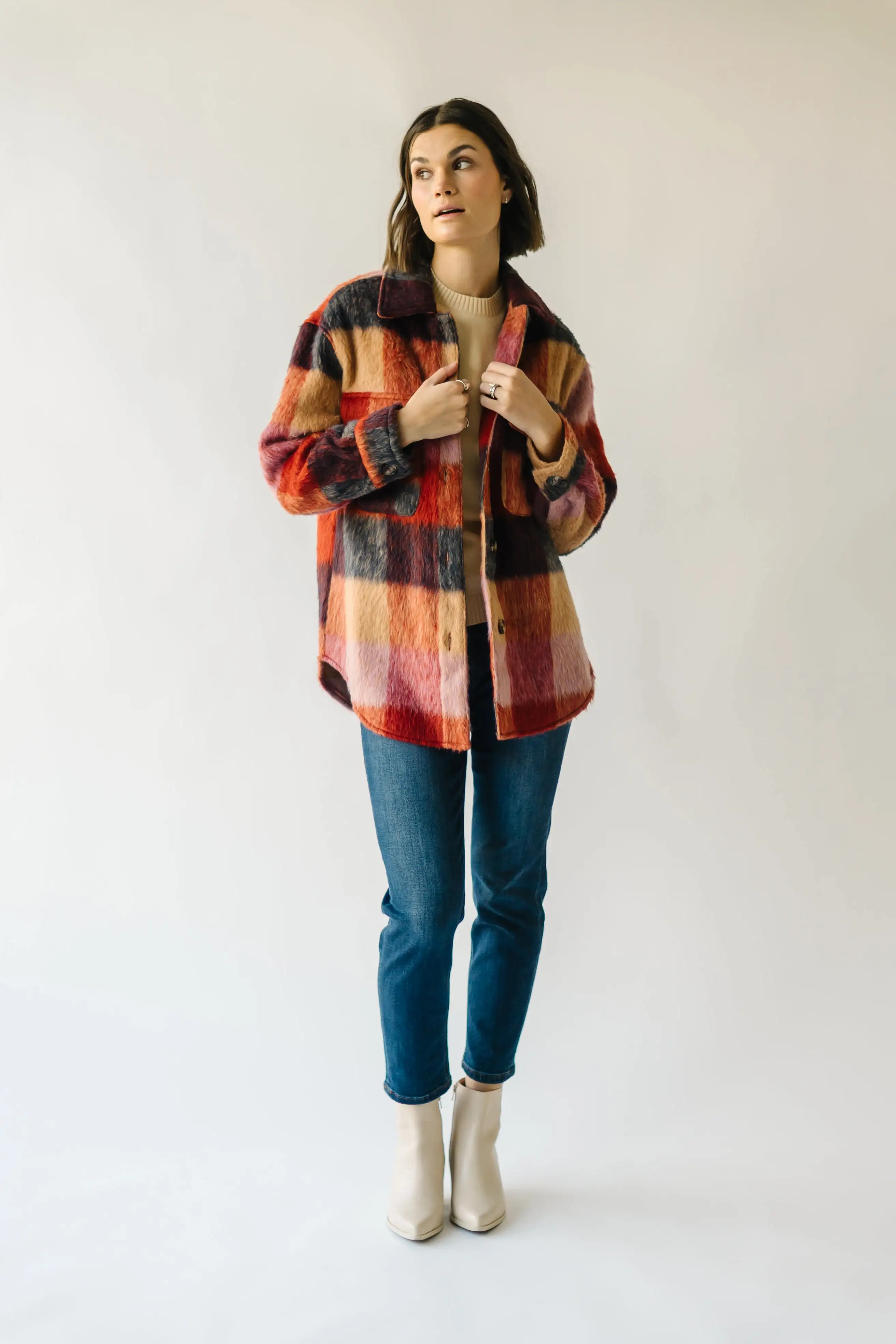 The Ridgely Button-Up Plaid Jacket in Brick Multi