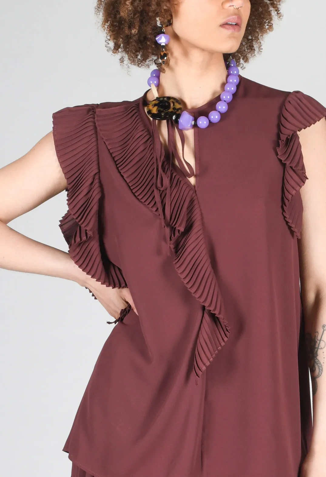 Top with Pleated Ruffles in Cocoa