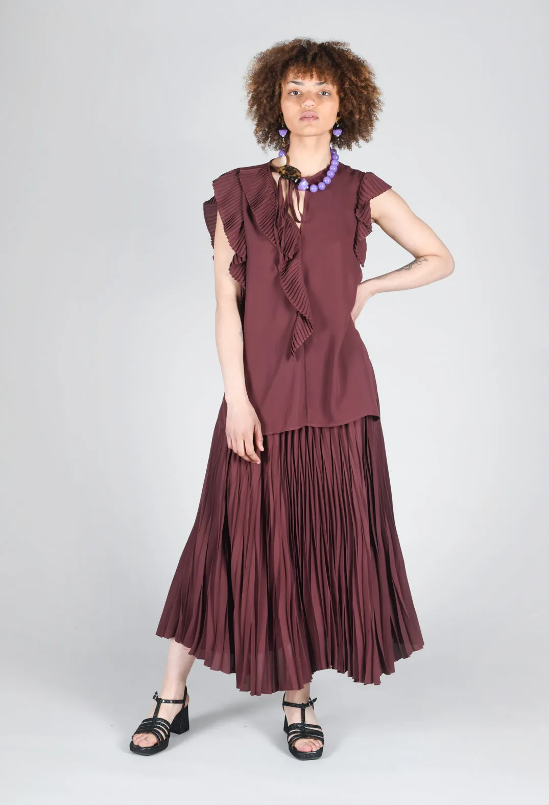 Top with Pleated Ruffles in Cocoa