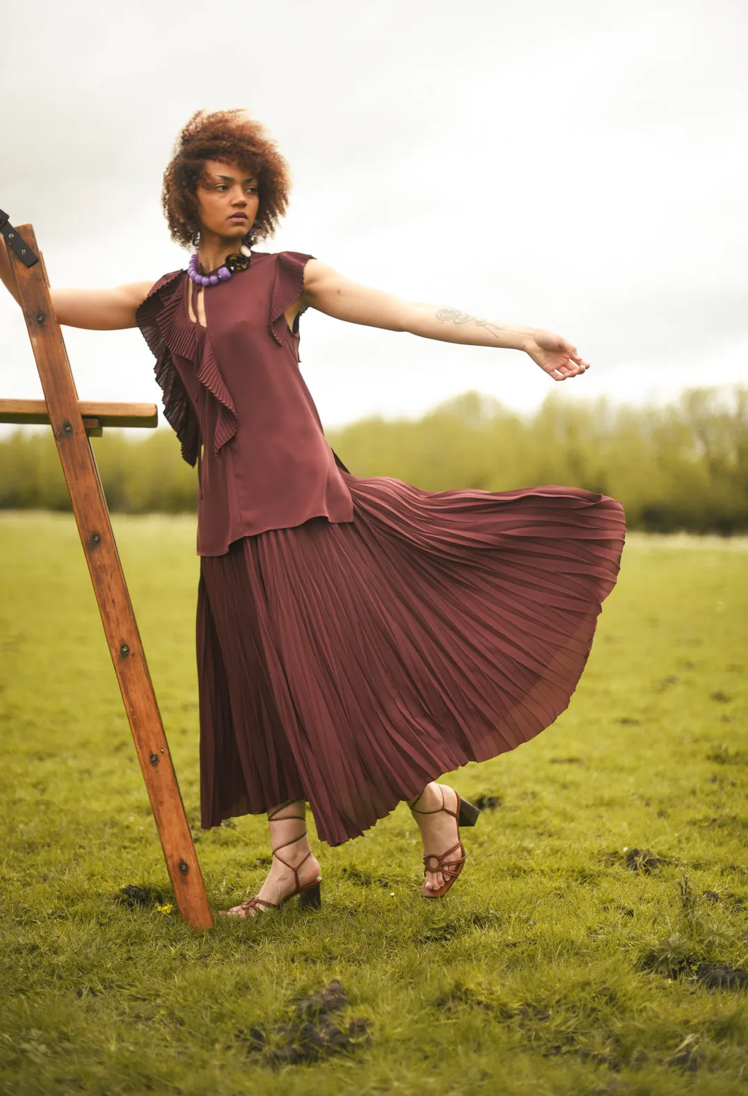 Top with Pleated Ruffles in Cocoa