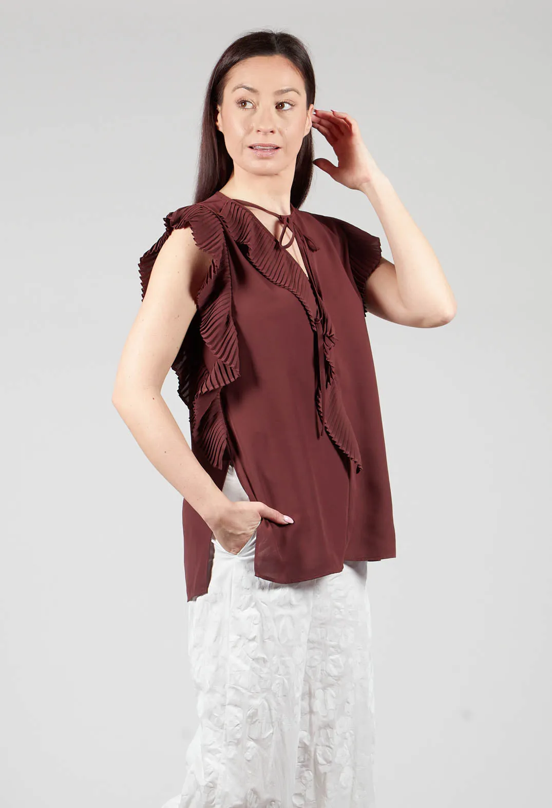 Top with Pleated Ruffles in Cocoa