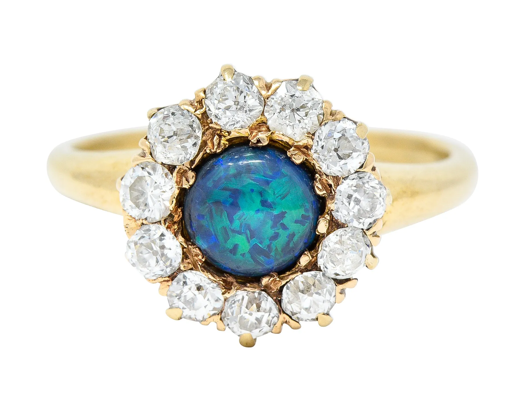 Victorian 0.88 CTW Black Opal Cabochon Old European Cut Diamond 14 Karat Yellow Gold Antique Halo Ring