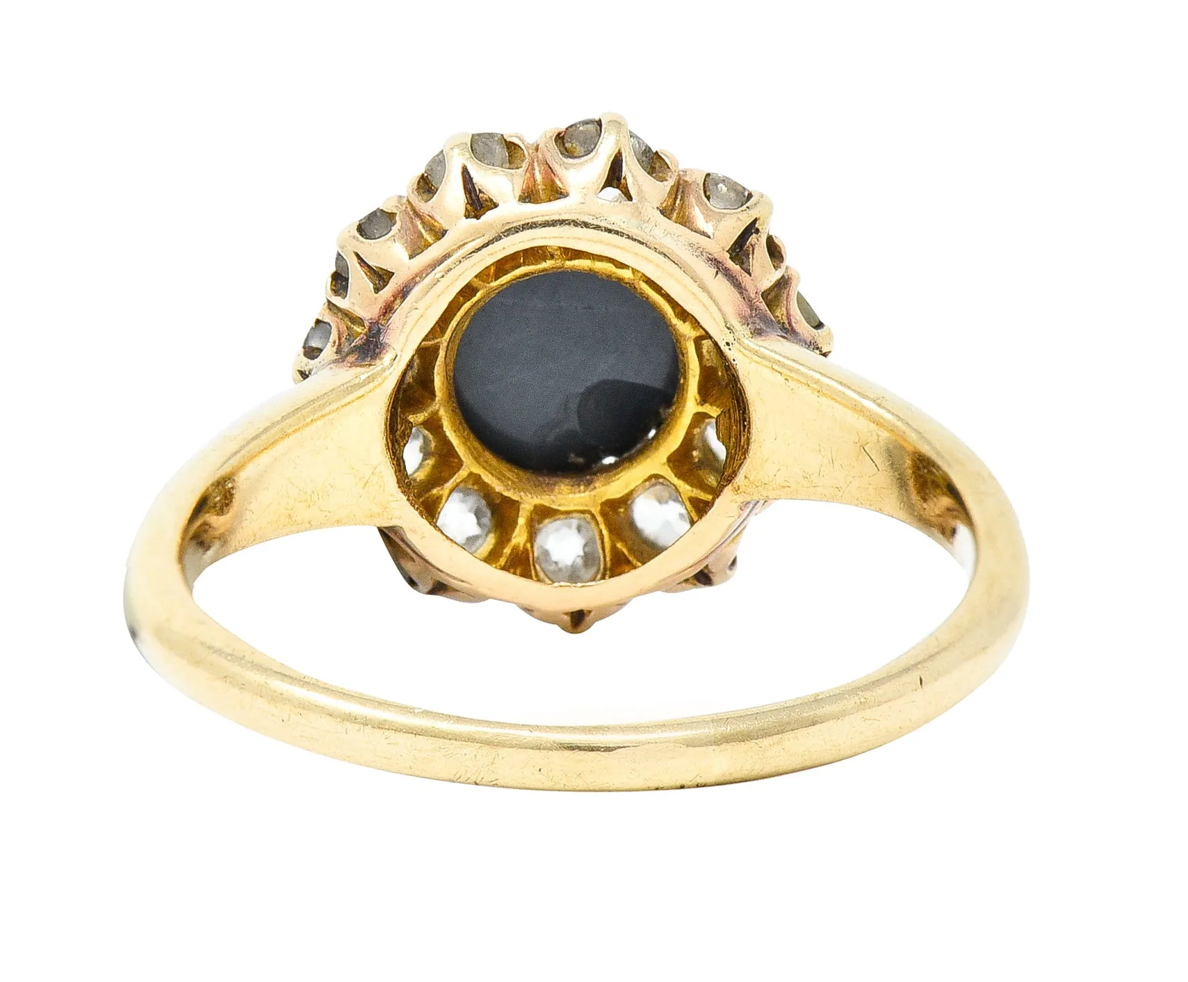 Victorian 0.88 CTW Black Opal Cabochon Old European Cut Diamond 14 Karat Yellow Gold Antique Halo Ring