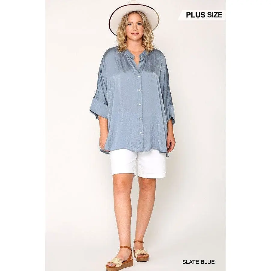 Washed Satin Button Down Loose Fit Top With Hi-lo Hem