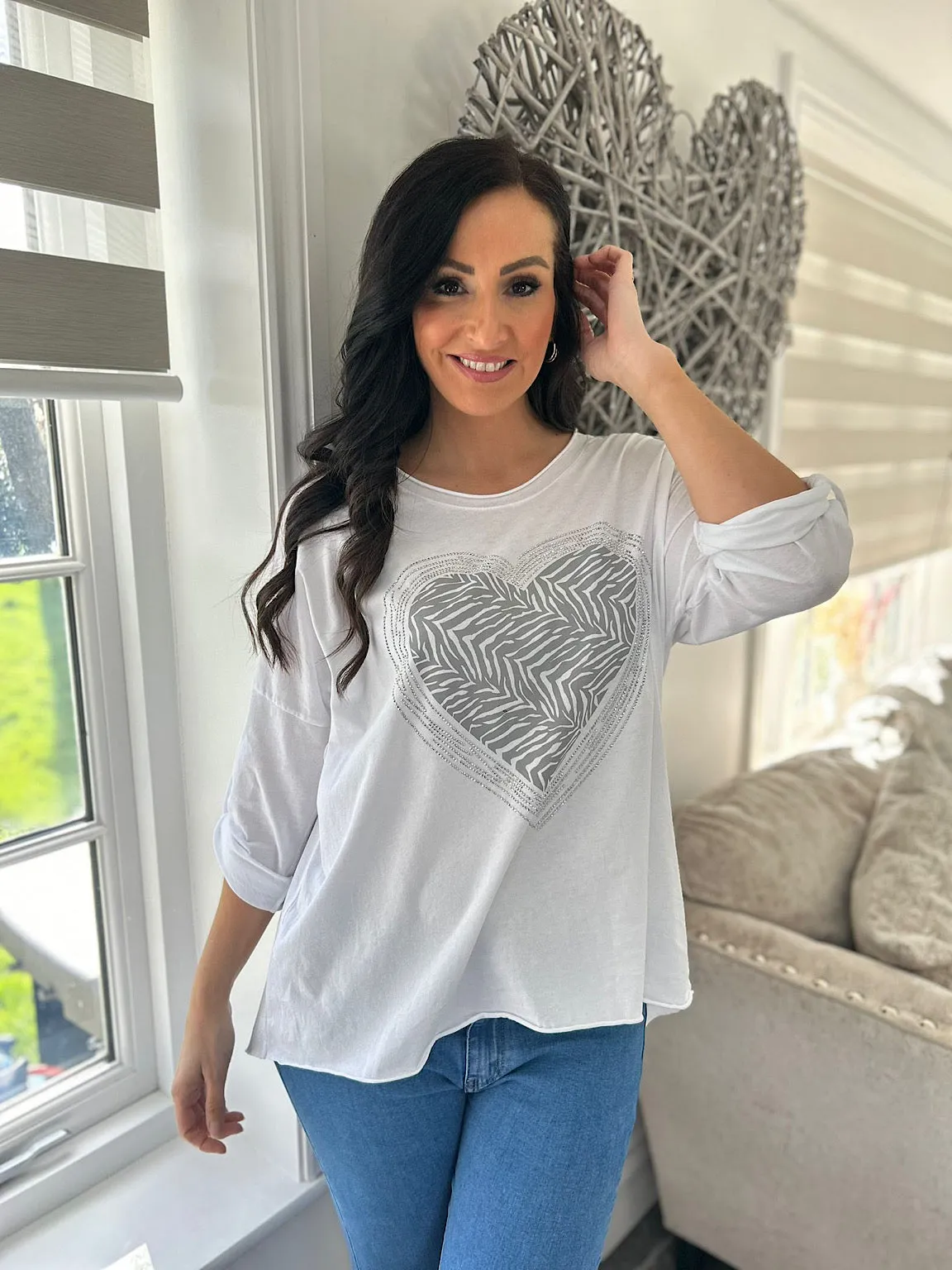 White Animal Diamante Heart Top Kathy