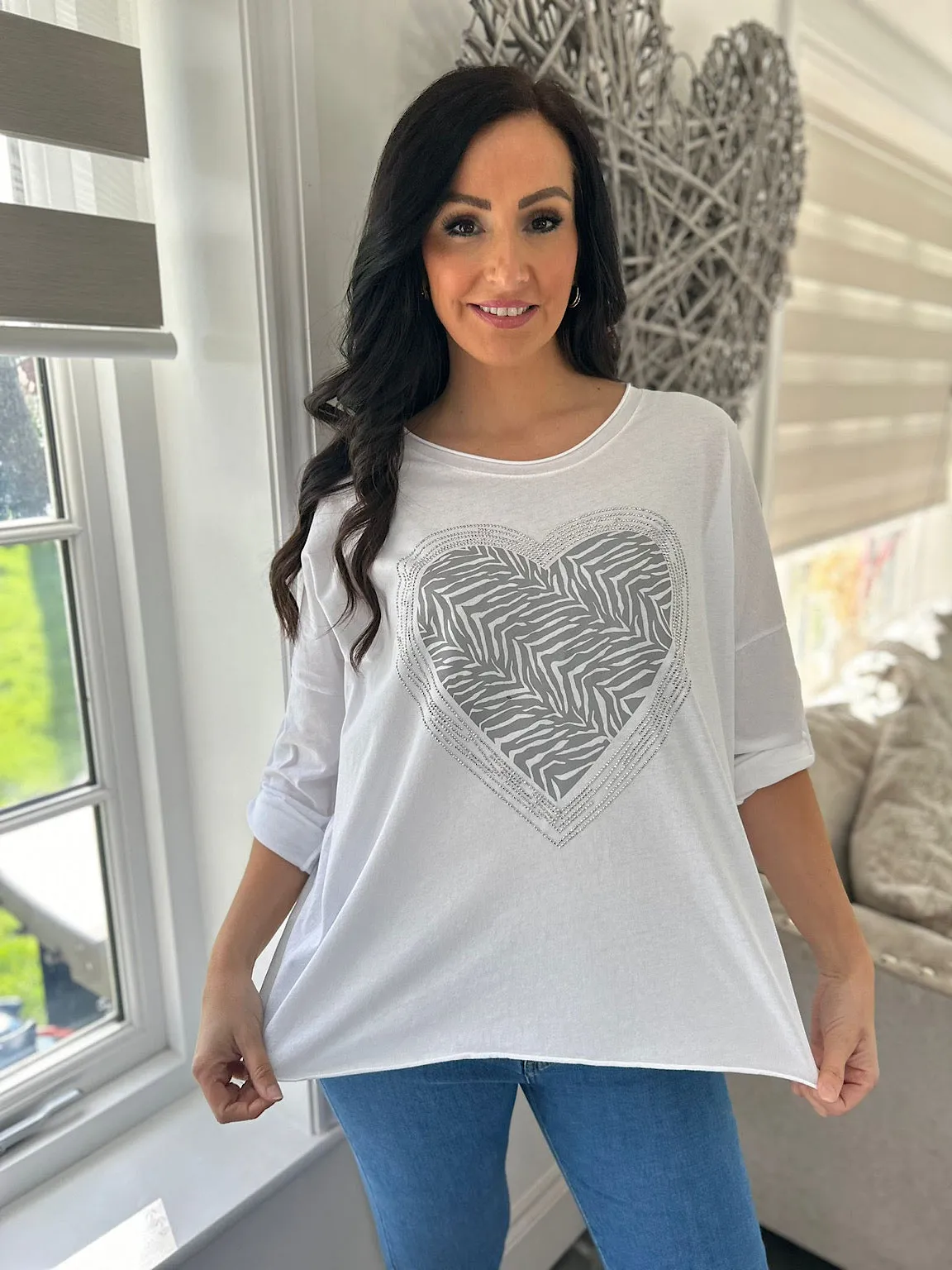 White Animal Diamante Heart Top Kathy