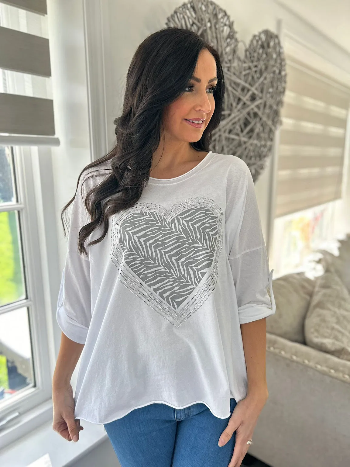 White Animal Diamante Heart Top Kathy