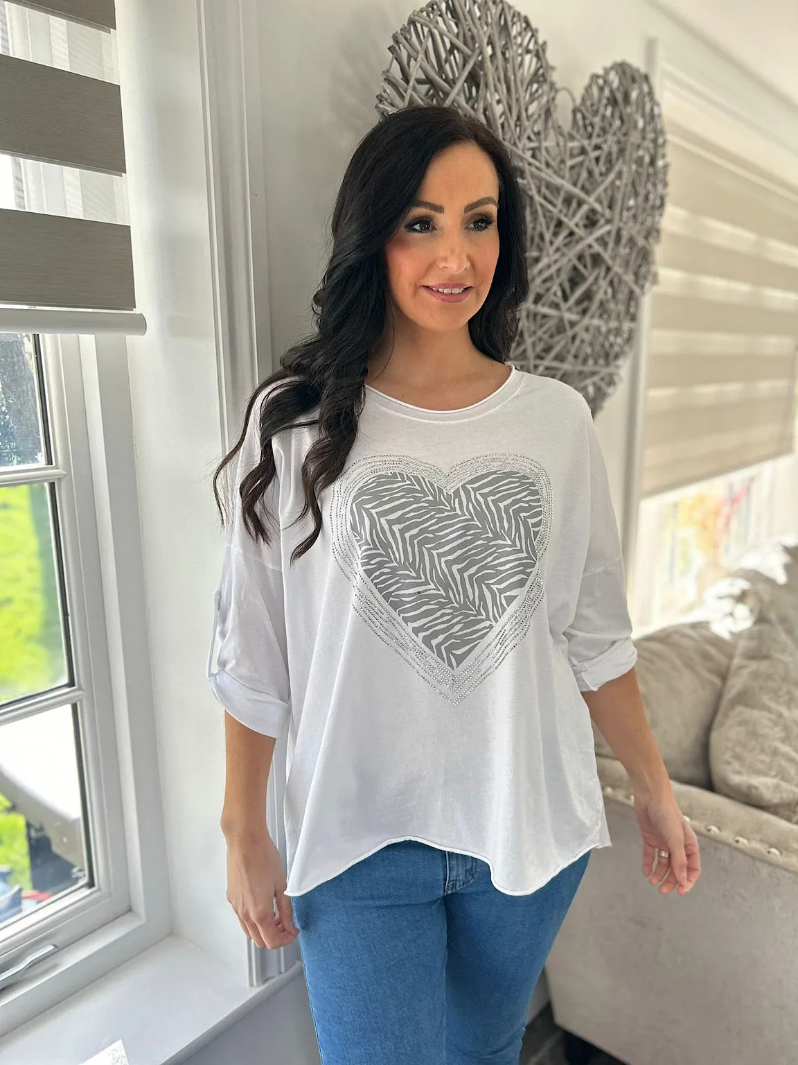 White Animal Diamante Heart Top Kathy