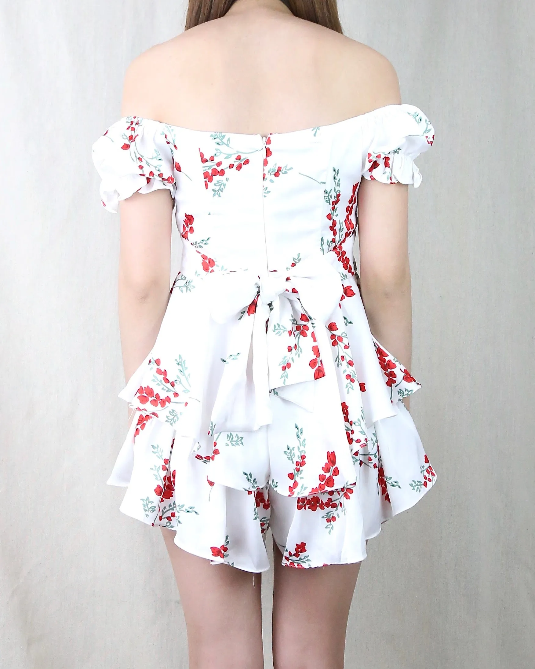 Without You Floral Off The Shoulder Ruffled Romper in White